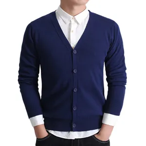 Classic navy blue V-neck cotton knit cardigan sweater for men featuring button closure