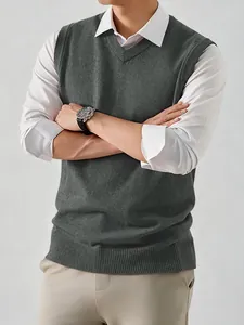 Professional men's knit V-neck sweater vest, casual sleeveless pullover over white shirt