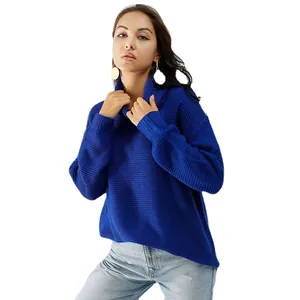 Pull à col roulé bleu cobalt surdimensionné pour femme avec maille gaufrée