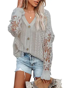 Casual white hollow lace crochet knit cardigan sweater with V-neck for women