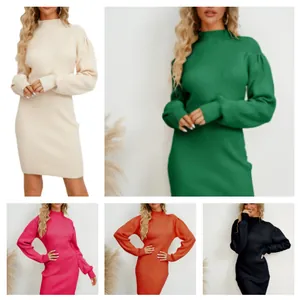 Women Mock Neck Lantern Sleeve Ribbed Knit Dress Solid Color Slim Fit Bodycon Midi Dress For Autumn Winter Commute