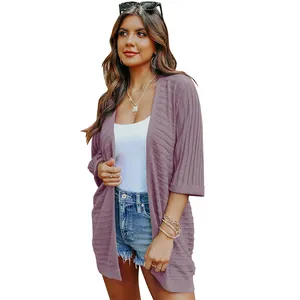 Stylish women's lightweight purple ribbed knit cardigan with elegant five-point sleeves