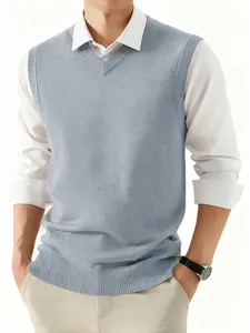 Men's light blue V-neck knit sweater vest, a solid color sleeveless pullover for autumn