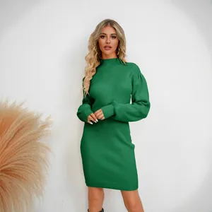 Elegant long sleeve green ribbed knit dress for women's autumn winter fashion outfits
