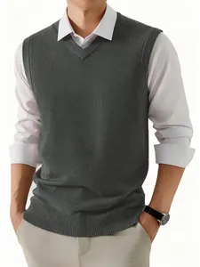 Premium men's solid grey V-neck knit sweater vest, sleeveless casual pullover for layering