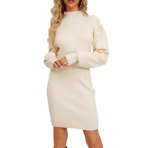 Elegant cream-colored ribbed knit long sleeve mini dress for women autumn and winter