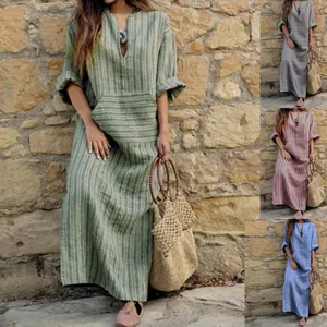 Multi-color collage of casual loose striped linen maxi dress with functional pockets