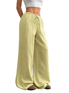 Pantalon femme décontracté en coton lin à jambes larges vert clair avec cordon