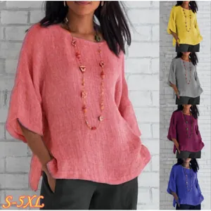 Women's loose round neck drop shoulder linen-style shirt available in sizes S-5XL
