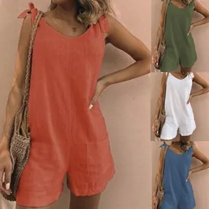 Detailed view of women's casual loose sleeveless rompers in multiple vibrant summer colors