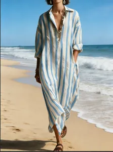 Elegant blue and white striped V-neck maxi dress with pockets for beach holiday
