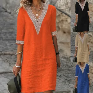 Casual V-neck summer dress with elegant lace trim, available in multiple colors.