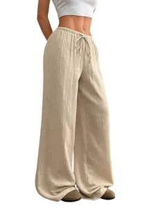 Détail du pantalon large décontracté pour femme en lin et coton respirant