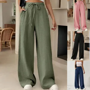 High-waisted wide-leg drawstring casual trousers for women shown in olive, pink, black, and navy