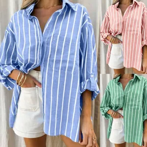 Close-up detail showing blue, pink, and green striped button-down shirts on a model