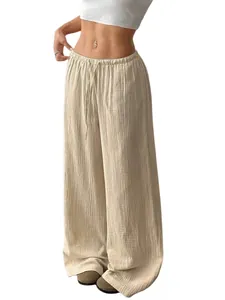 Pantalon large décontracté en coton et lin à taille haute beige pour la mode féminine moderne