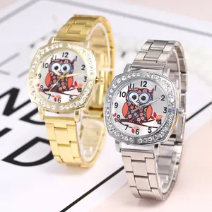 Detailed view of fashion women's quartz watches featuring rhinestone bezels and cute owl dials