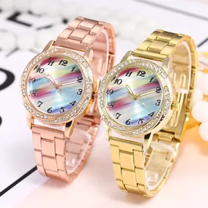 Elegant rhinestone women's quartz watch set with rainbow dial in gold and rose gold finish