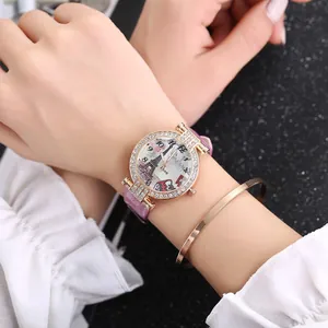 Elegant rose gold rhinestone quartz watch with pink leather strap and matching bangle