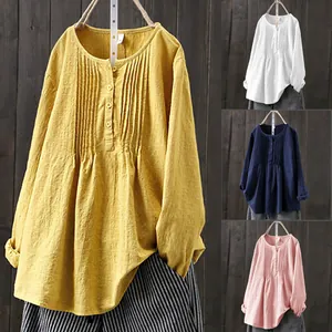 Casual oversized round neck long sleeve linen-feel shirt available in multiple colors