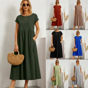 Collection of solid color casual loose dresses with round neck in various vibrant colors