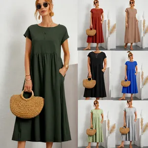 Collection of solid color casual loose dresses with round neck in various vibrant colors