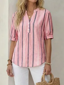 Elegant summer V-neck blouse featuring pink and navy vertical stripes and button details