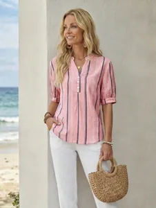 Elegant women's pink striped short sleeve v-neck blouse for summer casual wear at the beach