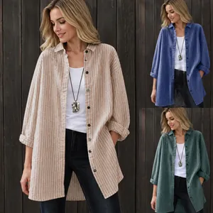 Damen Retro Gestreift Baumwollmischung Hemd Mittellang Casual Locker Langarm Knopfleiste Bluse Top Literarische Mode