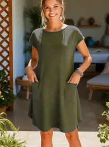 Casual losse olijfgroene jurk met korte mouwen en voorzakken voor dames in de zomer