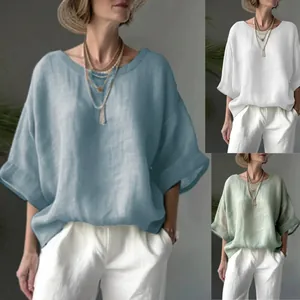 Women Casual Linen Shirt Round Neck Drop Shoulder Loose Blouse Solid Color Short Sleeve Woven Summer Top For Plus Size Women
