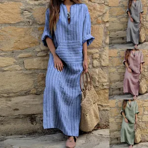 Robe Longue Rayée Col en V Mélange Coton Polyester Ample Décontracté Teint en Fil Kaftan Avec Poches Robe Femmes