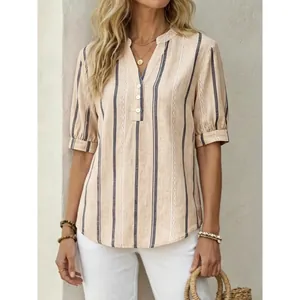 Casual striped V-neck short sleeve blouse for women in beige and blue, loose summer top.