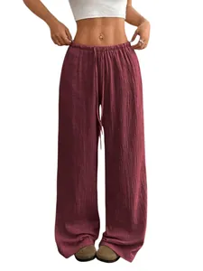 Pantalon large pour femme à taille haute en coton et lin bordeaux style décontracté