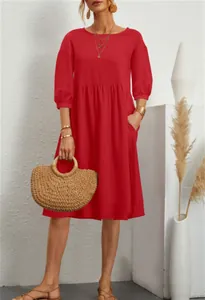 Casual red cotton linen loose dress with lantern sleeves and side pockets for women