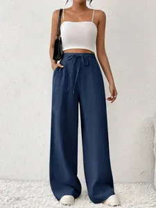 Pantalon large bleu marine à taille haute avec cordon de serrage et coupe fluide
