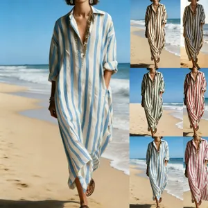 Women Striped V-Neck Loose Maxi Dress Elegant Casual Polyester Long Sleeve Shirt Dress With Pockets For Holiday Party