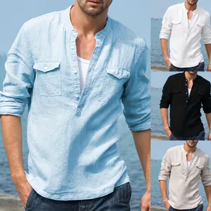 Chemise décontractée pour hommes en coton et lin à manches longues et poches