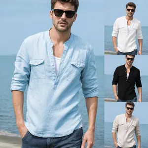 Men's casual long-sleeve cotton linen shirt with dual pockets in multiple colors