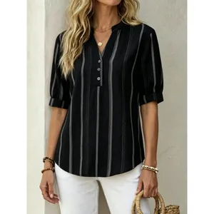Summer loose striped short sleeve V-neck blouse for women in black