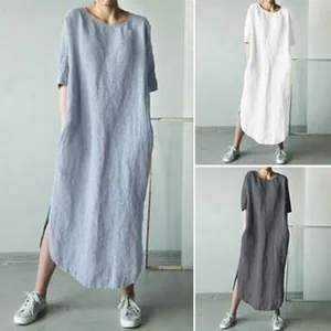 Collage trois couleurs de robes maxi amples en coton et lin avec fentes