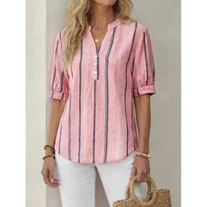 Casual pink striped short sleeve v-neck blouse for women in a relaxed summer fit