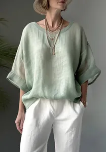 Stylish loose fit round neck short sleeve linen blouse for women in sage green