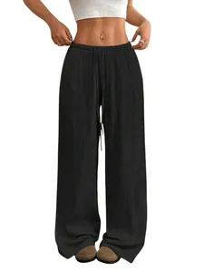 Détail du pantalon large décontracté pour femme en coton et lin noir à taille haute