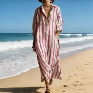 European style V-neck loose striped maxi shirt dress with pockets for beach resort wear