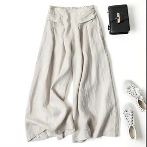 Beige cotton linen wide-leg pants with high waist and loose fit flat lay overview