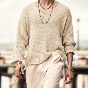 Vintage Men V-Neck Long Sleeve Hollow-Out Knit Top Retro Solid Color Loose Fit Casual Knitwear Pullover Sweater For Men