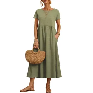 Detailed view of green casual short sleeve long dress with elastic waist and pockets