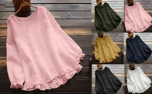 Camisa holgada de algodón y lino de manga larga con volantes en muchos colores vivos
