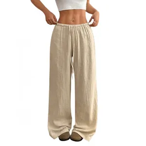 Pantalon Femme Décontracté en Coton et Lin Jambe Large Taille Haute avec Cordon de Serrage Droit et Large Froissé Couleur Unie